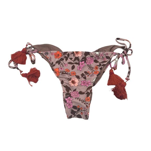 Maaji Sunny Pink Floral Reversible Tassel Tie Bikini Bottom Large Boho NWT